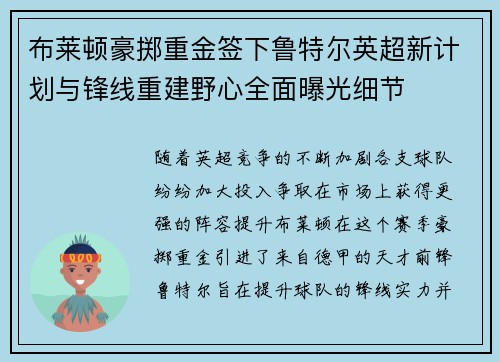 布莱顿豪掷重金签下鲁特尔英超新计划与锋线重建野心全面曝光细节